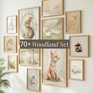 70 Woodland Nursery Wall Art Printable Bundle Gender Neutral Vintage Scandinavian Poster Baby Fox Kid Room Decor Forest Animal Watercolor