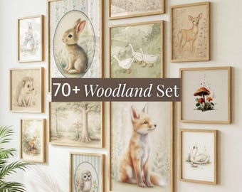 Woodland Animal Playroom Wall Art Bundle Mix Match Storybook Style Baby Fox Gender Neutral Kid Room Decor Scandinavian Vintage Forest Print