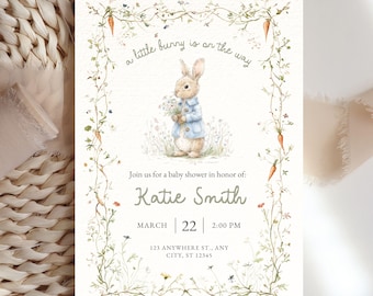 Vintage Rabbit Baby Shower Invitation Template Digital Card Classic Beatrix Potter Storybook Bunny Floral Whimsical Gender Neutral Invite
