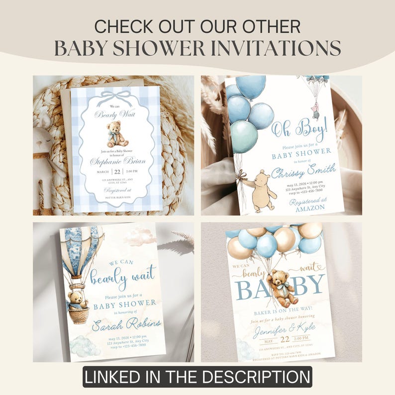 We Can Bearly Wait Baby Shower Editable Invitation Edit Pale Blue Balloons Teddy Bear Theme Boy Shower Invite Boho Digital Download Invited image 14