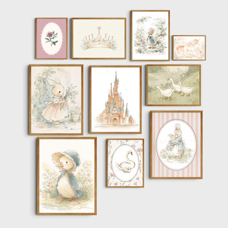 May include: A collection of framed watercolor art prints featuring whimsical illustrations. The artwork includes a castle, a crown, bunnies, a duckling, a swan, and floral elements. The frames are a warm brown color, and the overall theme is a soft, pastel color palette.