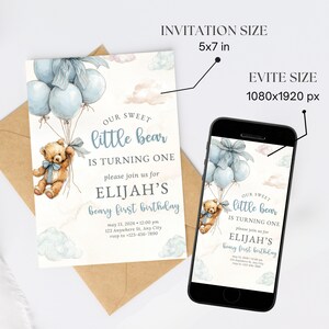 Teddy bear themed baby 1st birthday invite shown in a clean blue layout, featuring an editable DIY design for a boy’s first birthday party.