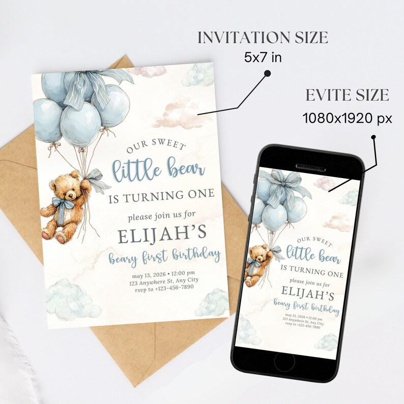 Teddy bear themed baby 1st birthday invite shown in a clean blue layout, featuring an editable DIY design for a boy’s first birthday party.