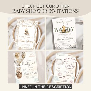 May include: Four baby shower invitations in soft, neutral tones. The invitations feature teddy bears, hot air balloons, and floral elements. Text includes "Baby Shower" and names. The top text reads "CHECK OUT OUR OTHER BABY SHOWER INVITATIONS". The bottom text reads "LINKED IN THE DESCRIPTION".