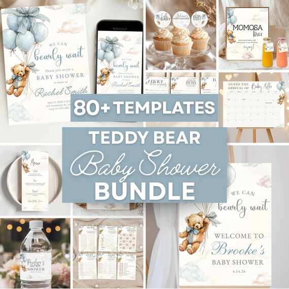 Bear Baby Shower Bundle Editable We Can Bearly Wait Invite Bundle Blue Boy Bear Balloon Shower Game Set Cute Teddy Bear Theme Digital Sign