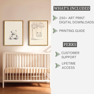 May include: Two framed art prints with gold frames hang above a white crib. One print features a teddy bear, the other shows two figures on a swing. The image also includes text: "WHAT'S INCLUDED" and "PERKS."