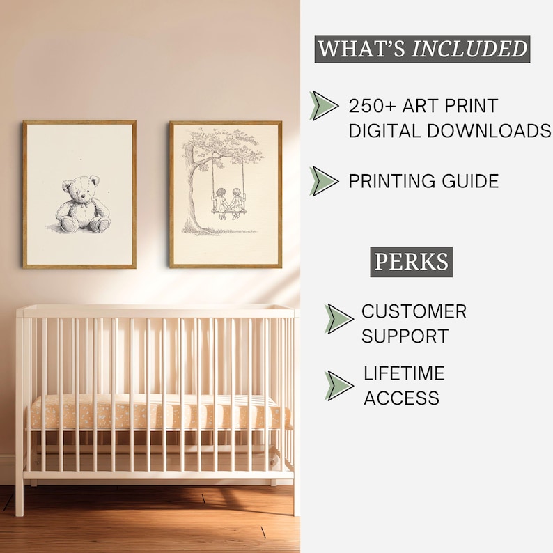 May include: Two framed art prints with gold frames hang above a white crib. One print features a teddy bear, the other shows two figures on a swing. The image also includes text: "WHAT'S INCLUDED" and "PERKS."