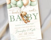 Green Baby Shower Invitation Download Sage Bear Balloons Invite Template Cute Teddy Card Gender Neutral Celebration Sprinkle DIY Customized
