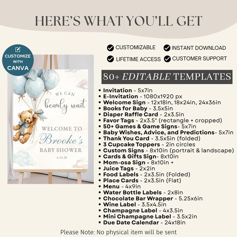 Puede incluir: Un letrero de baby shower con un dise&ntilde;o de acuarela. El letrero presenta un oso de peluche sosteniendo globos y el texto "We can bearly wait" y "Welcome to Brooke's Baby Shower". El letrero tambi&eacute;n enumera m&aacute;s de 80 plantillas editables.