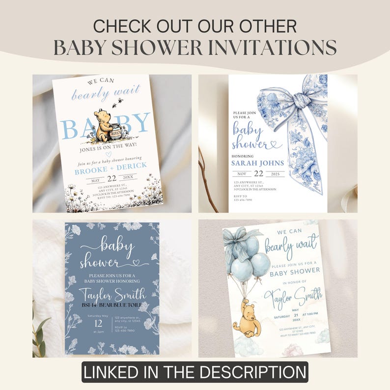 Boy Winnie Pooh Baby Shower Invitation Printable Classic Pooh Bear Invite Template Blue Gingham Downloadable Card Plaid Party Edit Online image 14