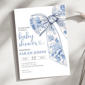 Baby Boy Shower Online Invitation Toile De Jouy Coquette Ribbon Pale Blue Baby Sprinkle E Invite