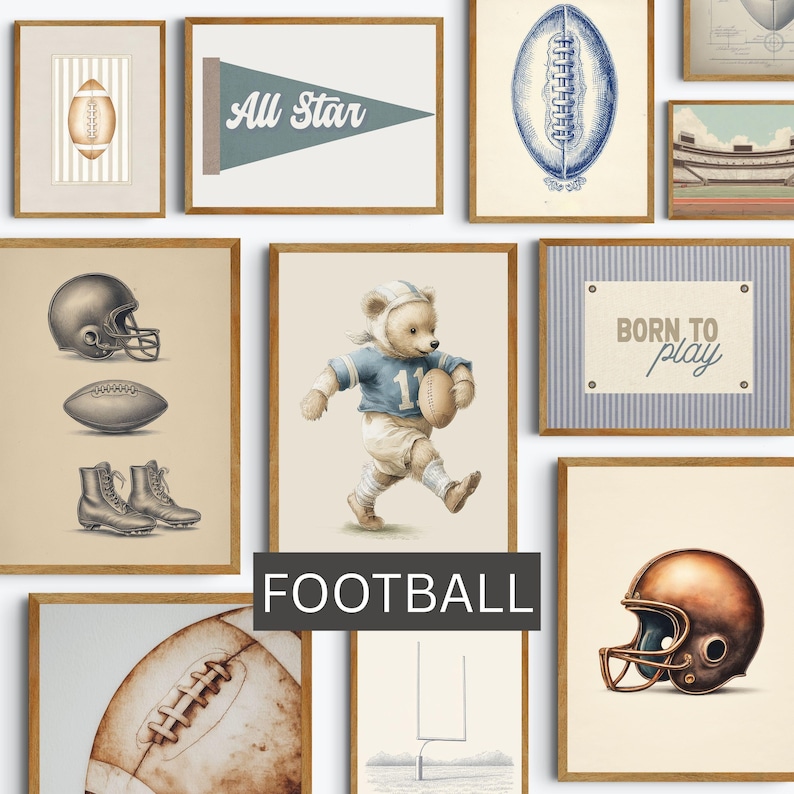 May include: A collection of framed art prints with a football theme. The prints feature illustrations of footballs, helmets, and a teddy bear in a football uniform. The color palette includes browns, blues, and creams. The word "FOOTBALL" is displayed in a black rectangle.