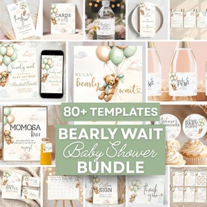 Green Baby Shower Bundle Digital Invite Set Neutral Teddy Bear Balloon Boho Printable Tan Bearly Can Wait Theme Game Set Party Decor Pack