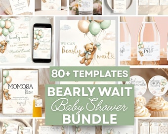 Green Baby Shower Bundle Digital Invite Set Neutral Teddy Bear Balloon Boho Printable Tan Bearly Can Wait Theme Game Set Party Decor Pack