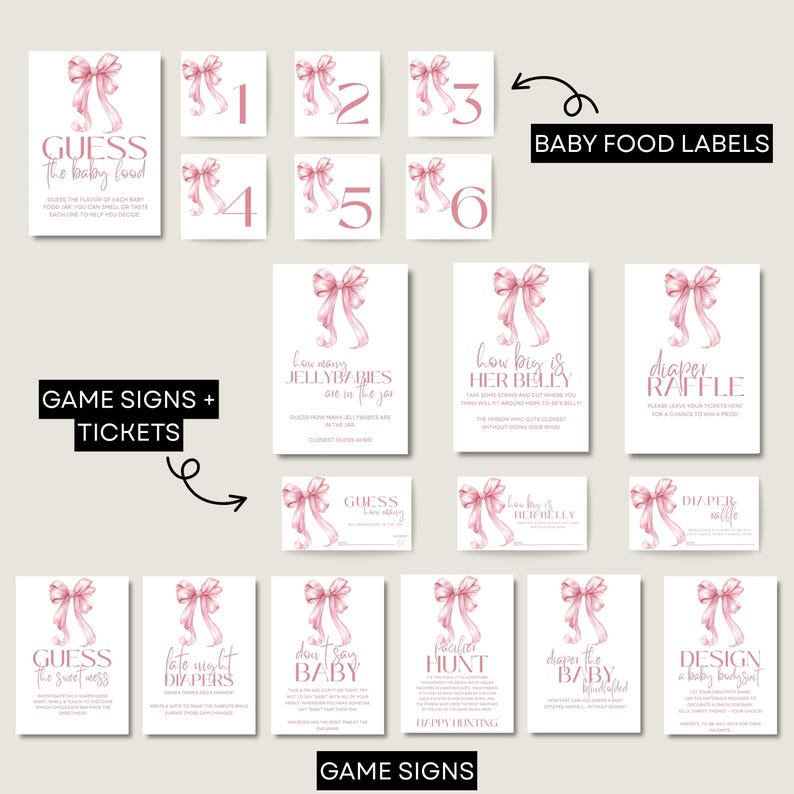 Op de afbeelding: Een verzameling roze en witte borden voor babyspelletjes en voedseletiketten. De borden tonen een aquarel strik ontwerp en verschillende zinnen zoals "Raad de babyvoeding" en "Luierloterij".