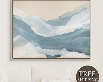 Abstract Ocean Wall Art Blue White Horizontal Print Boho Art Work Living Room Japandi Home Decor Art Pieces Wall Seascape Frame Painting