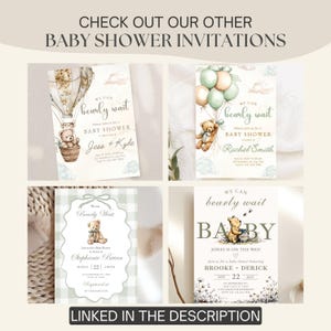 May include: A collage of baby shower invitations with the text "Check out our other baby shower invitations." The invitations feature teddy bears, balloons, and the phrase "We can bearly wait." The text "Linked in the description" is also present.
