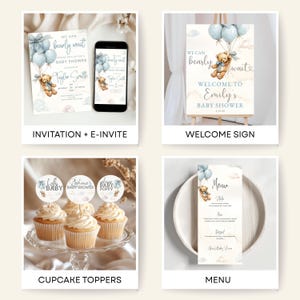 May include: A collection of baby shower stationery and decorations. Includes invitations, an e-invite on a phone, a welcome sign, cupcake toppers, and a menu. Each item features a teddy bear, blue balloons, and the text "We Can Bearly Wait".
