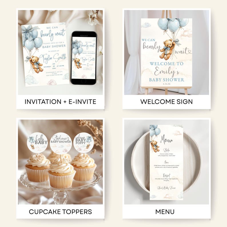 May include: A collection of baby shower stationery and decorations. Includes invitations, an e-invite on a phone, a welcome sign, cupcake toppers, and a menu. Each item features a teddy bear, blue balloons, and the text "We Can Bearly Wait".