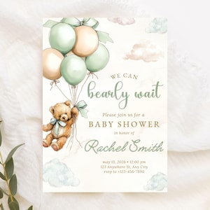 Bear Baby Invitation Template Editable Digital Download Printable Teddy Baby Shower Gender Neutral Design Mint Green Peach Balloons Clouds Theme Cute Celebration Announcement Customizable Text Fields Event Details PDF JPG Files Instant