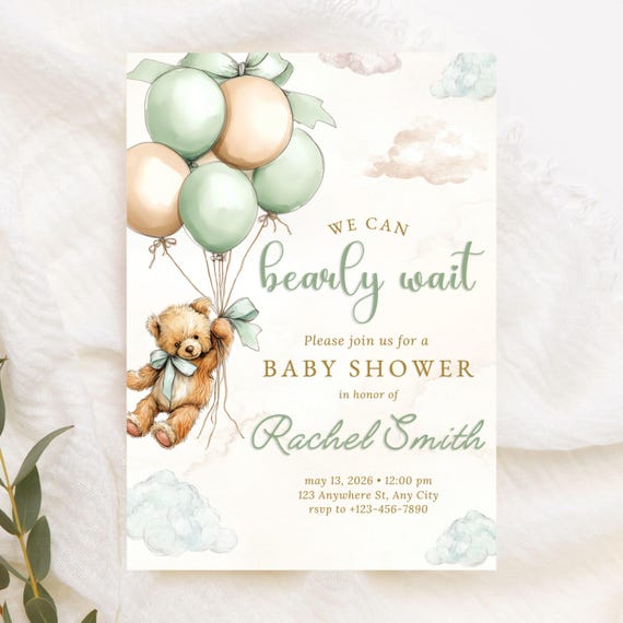 Bear Baby Invitation Template Editable Digital Download Printable Teddy Baby Shower Gender Neutral Invite Green Ballon Bear Cute Girl Boy