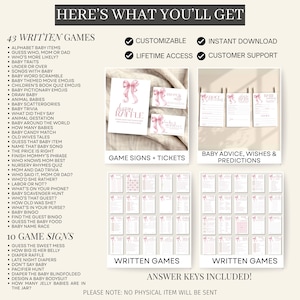 Op de afbeelding: Digitale babyshower-spelset met 43 geschreven spellen, 10 spelborden en antwoordsleutels. Inclusief aanpasbare en direct downloadbare opties. Beschikt over spelborden en tickets, babyadvies, wensen en voorspellingen. Roze strik ontwerp.