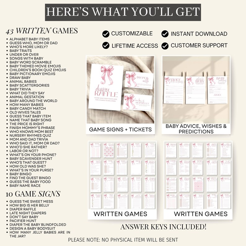 Op de afbeelding: Digitale babyshower-spelset met 43 geschreven spellen, 10 spelborden en antwoordsleutels. Inclusief aanpasbare en direct downloadbare opties. Beschikt over spelborden en tickets, babyadvies, wensen en voorspellingen. Roze strik ontwerp.