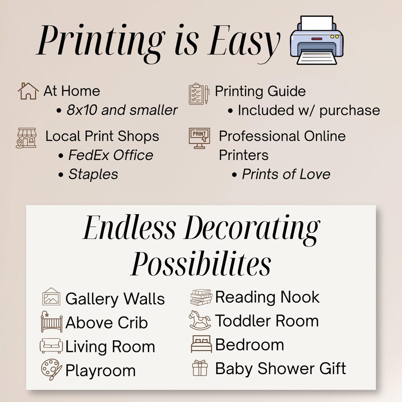 May include: An informational graphic titled Printing is Easy with a printer icon, listing home, local, and online printing options including FedEx Office, Staples, and Prints of Love. Below, Endless Decorating Possibilities lists room ideas.