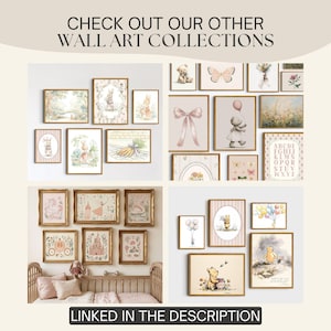 May include: A collection of framed wall art prints featuring illustrations of rabbits, teddy bears, bows, castles, unicorns, and Winnie the Pooh characters. The text reads CHECK OUT OUR OTHER WALL ART COLLECTIONS and LINKED IN THE DESCRIPTION.