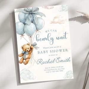 Bear Balloon Baby Shower Invitation Printable Blue Baby Boy Shower Invite We Bearly Can Wait Theme Boho Brown Bear Online E-Invite Template