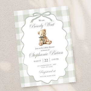 Baby Shower Invite Download Sage Green Gingham Gender Neutral Shower Invitation