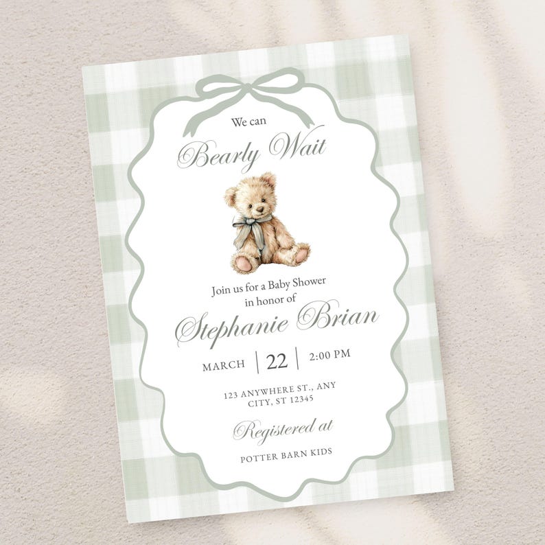 Baby Shower Invite Download Sage Green Gingham Gender Neutral Shower Invitation