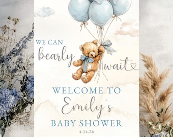 Panneau pour baby shower bienvenue ours en peluche numérique bricolage imprimable décoration bleu ballon garçon thème personnalisable Bearly Wait Panneau d'entrée pour shower de bébé garçon