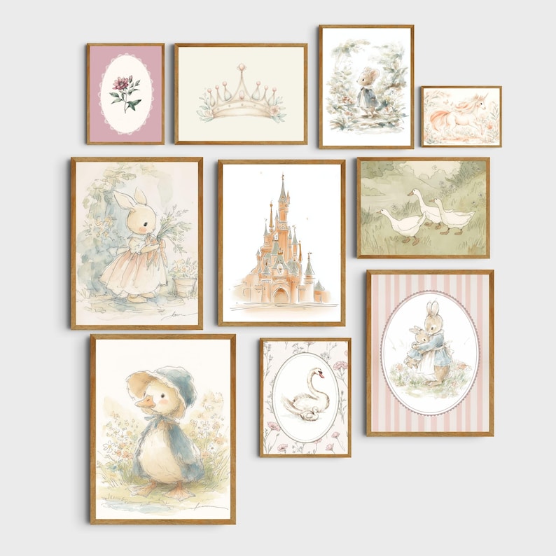 May include: A collection of framed watercolor art prints featuring whimsical illustrations. The artwork includes a castle, a crown, bunnies, a duckling, a swan, and floral elements. The color palette is soft, with pastel pinks, blues, and greens.