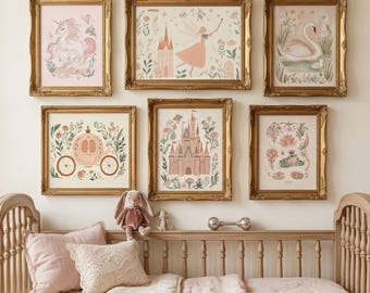 May include: Six framed art prints with gold ornate frames are displayed on a wall. The prints feature whimsical illustrations of a unicorn, fairy, swan, carriage, castle, and a frog. The color palette is soft pinks, greens, and golds.