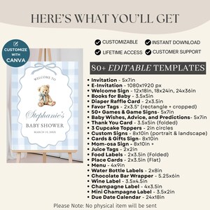 May include: A baby shower template with a blue gingham background and a welcome sign featuring a teddy bear. The sign reads "Stephanie's Baby Shower" with the date. Includes customizable invitations, signs, labels, and more.