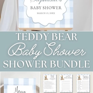 Celebrate your upcoming arrival with this adorable blue teddy shower bundle featuring a complete digital invitation set and bear-themed baby shower printables perfect for a boy's celebration. This comprehensive template collection includes everything you need for a memorable "We Can Bearly Wait" themed event, complete with blue gingham party decor, printable shower games, and an array of coordinating templates.