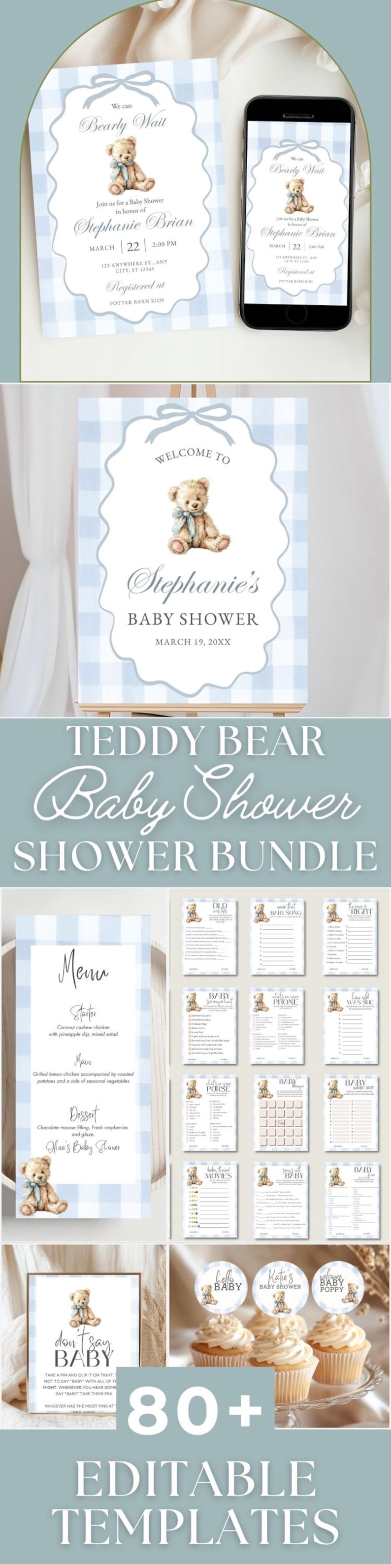Celebrate your upcoming arrival with this adorable blue teddy shower bundle featuring a complete digital invitation set and bear-themed baby shower printables perfect for a boy's celebration. This comprehensive template collection includes everything you need for a memorable "We Can Bearly Wait" themed event, complete with blue gingham party decor, printable shower games, and an array of coordinating templates.