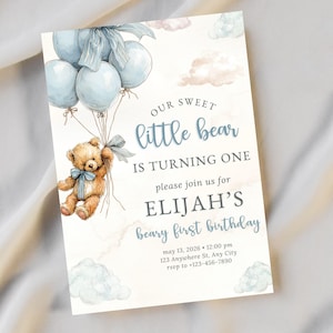 Editable little bear first birthday party invitation template with a blue teddy theme, designed for a baby boy turning one digital download.