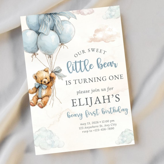 Little Bear First Birthday Party Invitation Template Teddy Theme Baby 1st Bday Invite Blue Boy Editable Digital Download DIY Turning One PDF