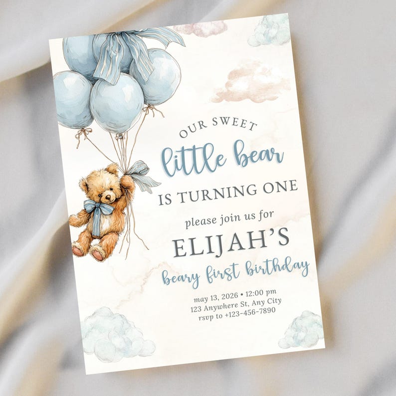 Editable little bear first birthday party invitation template with a blue teddy theme, designed for a baby boy turning one digital download.