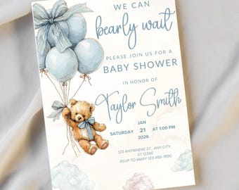 We Can Bearly Wait Baby Shower Editable Invitation Edit Pale Blue Balloons Teddy Bear Theme Boy Shower Invite Boho Digital Download Invited