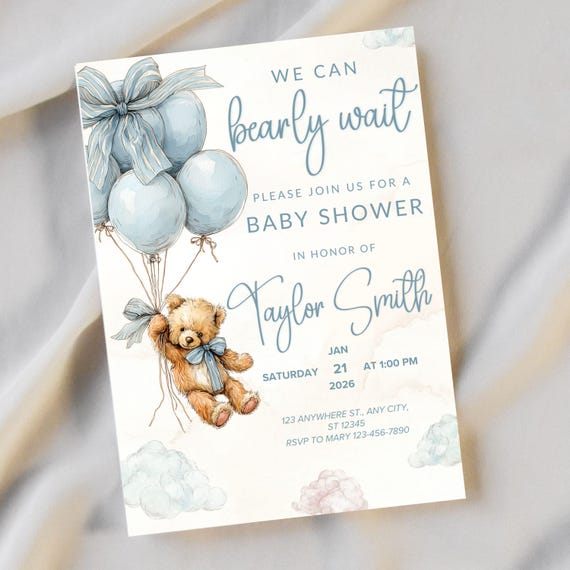 We Can Bearly Wait Baby Shower Editable Invitation Edit Pale Blue Balloons Teddy Bear Theme Boy Shower Invite Boho Digital Download Invited