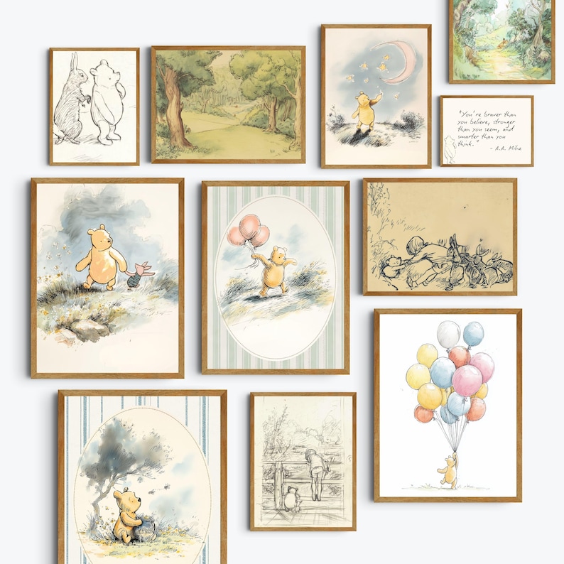 Downloadable honey bear artwork arranged in a cottagecore reading nook with soft neutral accents.