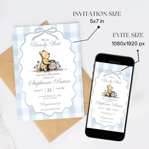 May include: Baby shower invitation with a Winnie the Pooh theme. The invitation is 5x7 inches and features a light blue gingham pattern, a cartoon bear, and the text "Bearly Wait". The evite size is 1080x1920 px.