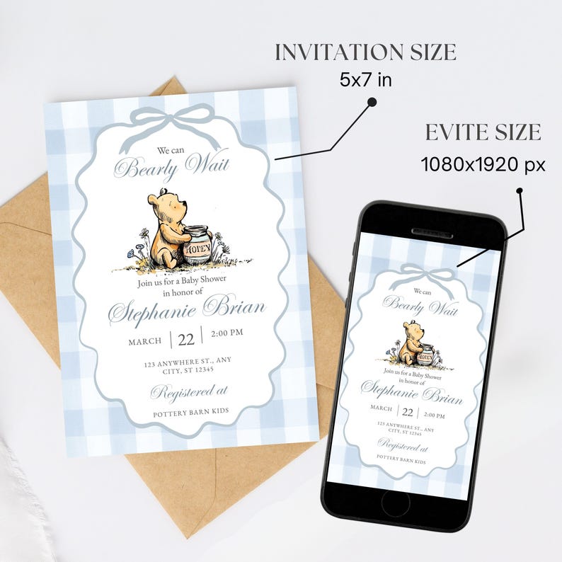 May include: Baby shower invitation with a Winnie the Pooh theme. The invitation is 5x7 inches and features a light blue gingham pattern, a cartoon bear, and the text "Bearly Wait". The evite size is 1080x1920 px.