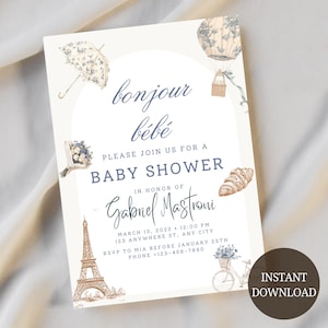 Modèle d'invitation pour une douche Bonjour Bébé Baby Boy Carte bleue à télécharger pour une fête prénatale, toile française personnalisée, modifiable