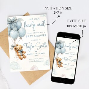 Baby Shower Editable Invitation Edit Pale Blue Balloons Teddy Bear