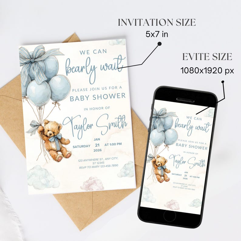 Baby Shower Editable Invitation Edit Pale Blue Balloons Teddy Bear