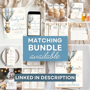 May include: A collection of baby shower decorations and stationery. The designs feature a hot air balloon with a teddy bear, in shades of blue and beige. The text "We can bearly wait" is visible.